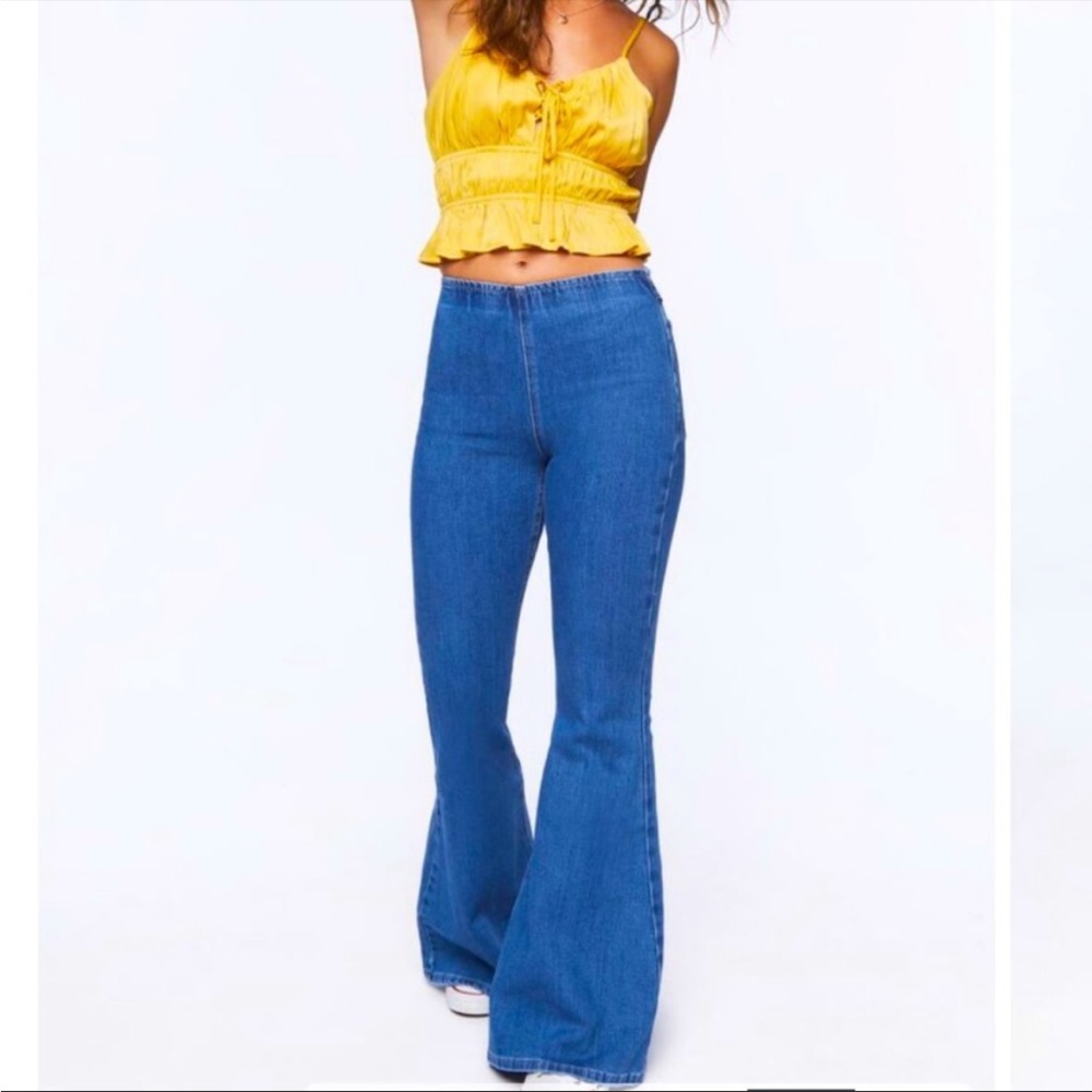 Forever 21 Premium Flare Jeans Medium Denim Color Elastic Waist Pull On